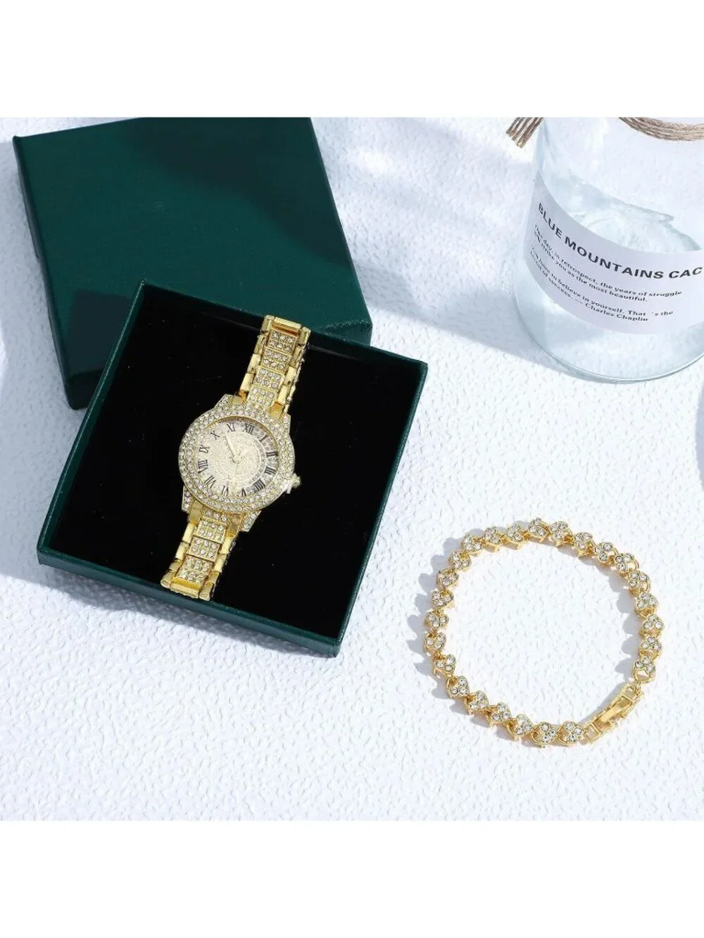 Women's All Gold Analog Quartz Diamond Bracelet Set Luxury Cubic Zirconia Watch
